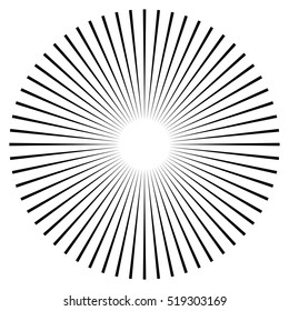 Rays, Beams Element. Sunburst, Starburst Shape On White. Radiating, Radial, Merging Lines. Abstract Circular Geometric Shape.