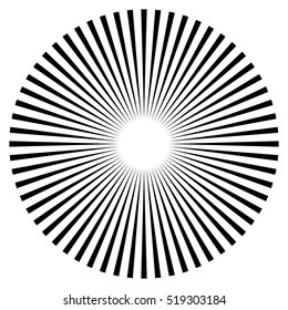 Rays, Beams Element. Sunburst, Starburst Shape On White. Radiating, Radial, Merging Lines. Abstract Circular Geometric Shape.