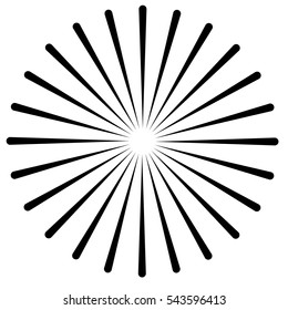 Rays, beams element. Sunburst, starburst shape on white. Radiating, radial, merging lines. Abstract circular geometric shape.