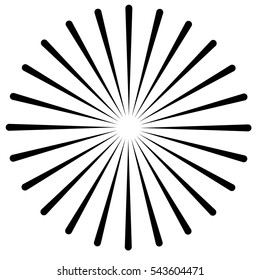 Rays, beams element. Sunburst, starburst shape on white. Radiating, radial, merging lines. Abstract circular geometric shape.