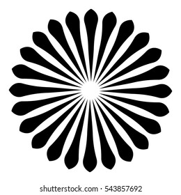 Rays, beams element. Sunburst, starburst shape on white. Radiating, radial, merging lines. Abstract circular geometric shape.