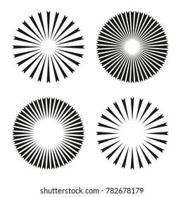 Rays, beams element. Sunburst, starburst shape on white. Radiating, radial, merging lines. Abstract circular geometric shape. Vector set collection.