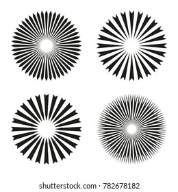 Rays, beams element. Sunburst, starburst shape on white. Radiating, radial, merging lines. Abstract circular geometric shape. Vector set collection.