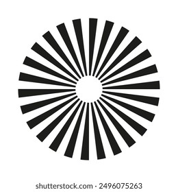 Rays circle lines. Circular beams element. Sunburst, starburst shape isolated on a white background. Radiating, radial, merging stripes. Abstract circular geometric illusion shape.