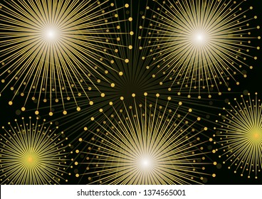 Rays emanating from a central object or light source. Abstract background. Stylized sun or fireworks. Starburst shape. Light rays of explosion on a dark background. Vector illustration.
