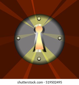 The rays emanating from the metal keyhole on brown background