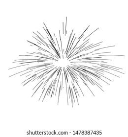 Rays of fireworks. Black and white layout. Vector illustration. Dynamic style. Abstract explosion, speed motion lines from the middle. Vector illustration