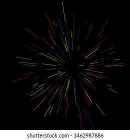 Rays of fireworks. Colorful layout. Vector illustration. Dynamic style. Abstract explosion, speed motion lines from the middle. Vector illustration