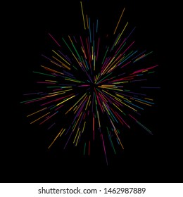 Rays of fireworks. Colorful layout. Vector illustration. Dynamic style. Abstract explosion, speed motion lines from the middle. Vector illustration