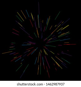 Rays of fireworks. Colorful layout. Vector illustration. Dynamic style. Abstract explosion, speed motion lines from the middle. Vector illustration