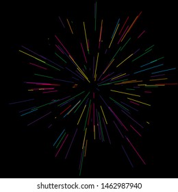 Rays of fireworks. Colorful layout. Vector illustration. Dynamic style. Abstract explosion, speed motion lines from the middle. Vector illustration