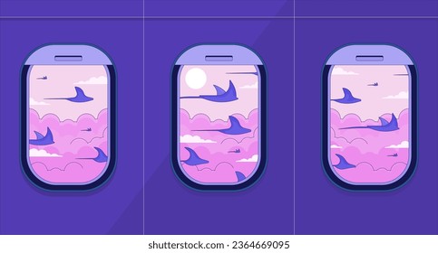 Rays fish flying in aeroplane windows lofi wallpaper. Aircraft windows to paradise 2D scene cartoon flat illustration. Marine animals in sky chill vector art, lo fi aesthetic colorful background