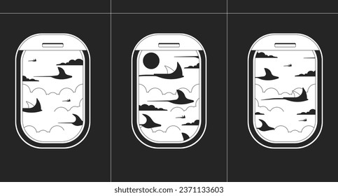 Rays fish flying in aeroplane windows black and white lofi wallpaper. Aircraft windows to paradise 2D outline scene cartoon flat illustration. Marine animals sky vector line lo fi aesthetic background