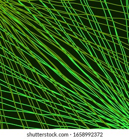 Rays of green light with intersecting light waves on black.
