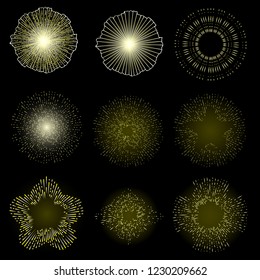 Rays of halo light and catholic rays set isolated on black. Art tattoo reference template. Gold symbol of religion pride and glory. Angel and saints ring nimbus. Vector.