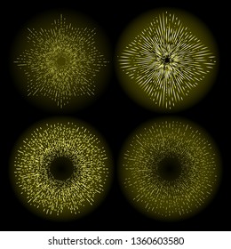 Rays of halo light and catholic rays set isolated on black. Art tattoo reference template. Gold symbol of religion pride and glory. Angel and saints ring nimbus. Vector.