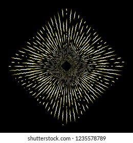 Rays of halo in shape of square or rhombus light and fire flakes rays isolated on black. Art tattoo reference. Gold symbol of religion pride and glory. Angel and saints star burst nimbus. Vector.