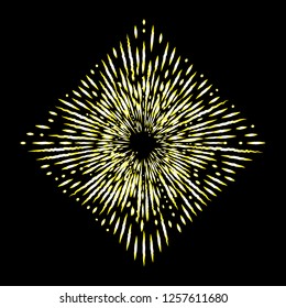 Rays of halo in shape of square or rhombus light and fire flakes rays isolated on black. Art tattoo reference. Gold symbol of religion pride and glory. Angel and saints star burst nimbus. Vector.