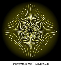 Rays of halo in shape of square or rhombus light and fire flakes rays isolated on black. Art tattoo reference. Gold symbol of religion pride and glory. Angel and saints star burst nimbus. Vector.