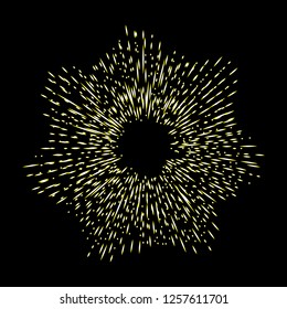 Rays of halo in shape of star,  light and catholic rays isolated on black. Art tattoo reference template. Gold symbol of religion pride and glory. Angel and saints ring nimbus. Vector.