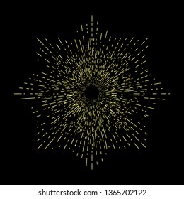 Rays of halo in shape of star,  light and catholic rays isolated on black. Art tattoo reference template. Gold symbol of religion pride and glory. Angel and saints ring nimbus. Vector.