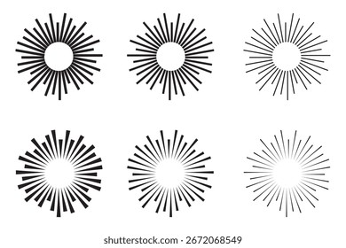 Rays icon set. Sunburst icon set. Linear style. Vector icons.