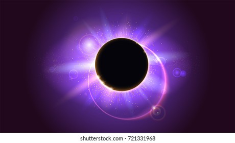 Rays And Lens Flare Light On Horizontal Background. Solar Eclipse, Astronomical Phenomenon - Full Sun Eclipse. Glow Light Effect. Star Burst With Sparkles. The Planet Covering The Sun In Eclipse