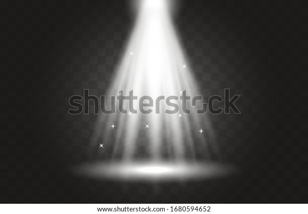 Rays of light from above. Light from a lamp on the\
stage. Spotlights vector effect. Spotlights lighting design\
template, empty scene.