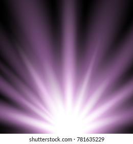Rays of light from below on black background, light effect, purple color