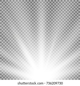Rays of light from below on transparent background, white color