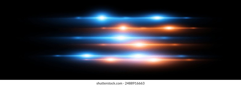 Rays of light, explosion effect. Horizontal lines of light and glare. Laser luminous stripes. On a transparent background.