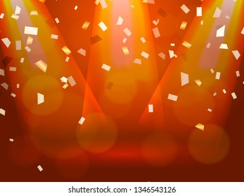 Rays of light. Falling Confetti. Vector illustration.