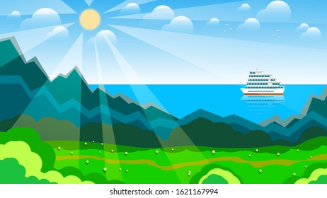 in the rays of light, flower meadow the trail, among bushes in a forest, hills, mountains, lagoon with a cruise ship and the sky with the sun, clouds and flying gulls. author's drawing. vector