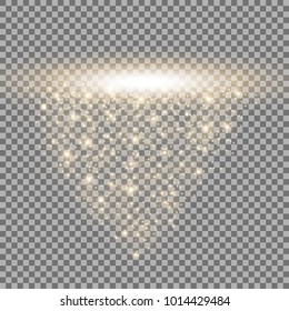 Rays of light with sparkles, light effect on transparent background, golden color