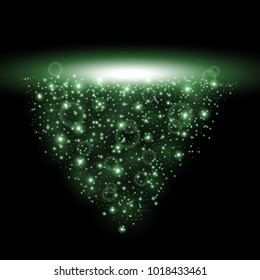 Rays of light with sparkles, light effect on black background, green color