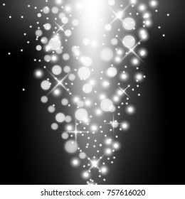 Rays of light with sparkles, light effect on black background, white color