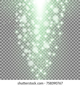 Rays of light with sparkles, light effect on transparent background, green color