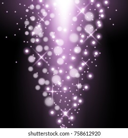 Rays of light with sparkles, light effect on black background, purple color