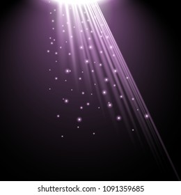 Rays of light with sparkles on black background, light effect, purple color