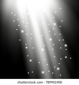 Rays of light with sparkles on black background, light effect, white color