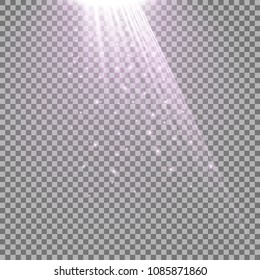 Rays of light with sparkles on transparent background, light effect, purple color