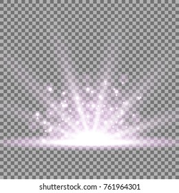 Rays of light with sparks, light effect. star burst on transparent background, purple color