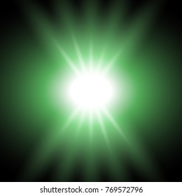Rays of light, special lens flare light effect, light with a glare on black background, green color