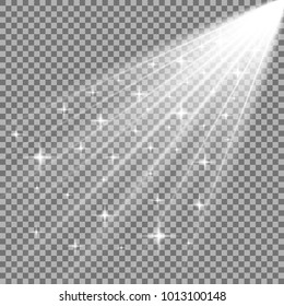 Rays of light with stars, isolated on transparent background, light effect, white color