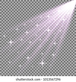 Rays of light with stars, isolated on transparent background, light effect, purple color