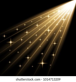 Rays of light with stars, isolated on black background, light effect, golden color