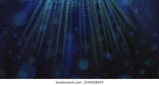 Rays of light underwater with glowing plankton, overlay effects and bokeh. Dark blue gradient background and photofluorescent particles and microorganisms.