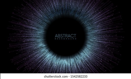 Rays or lines with glowing particles fly out of black hole. Abstract vector background with place for your content. Easy to change colors