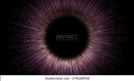 Rays or lines with glowing particles fly out of black hole. Abstract vector background with place for your content. Easy to change colors