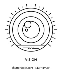 Rays over a round eyeball with some values below, an infographic for vision 